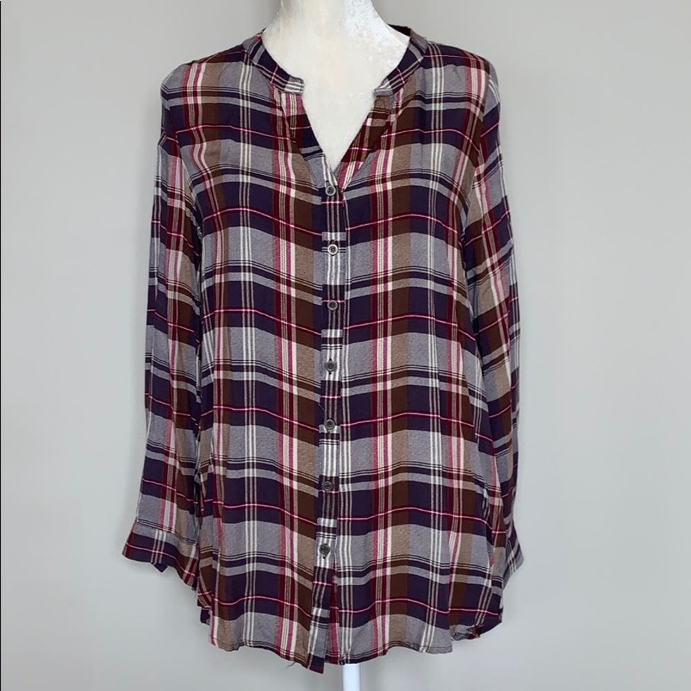 Purple plaid button up tunic blouse